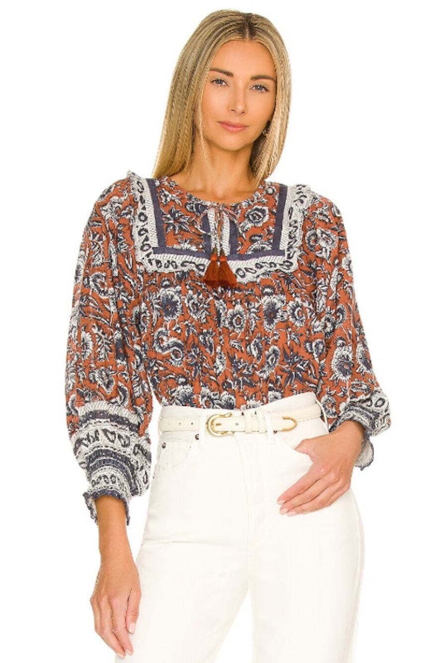 CLEOBELLA Amy Blouse Tassel Puff Long Sleeve Floral Peasant Top